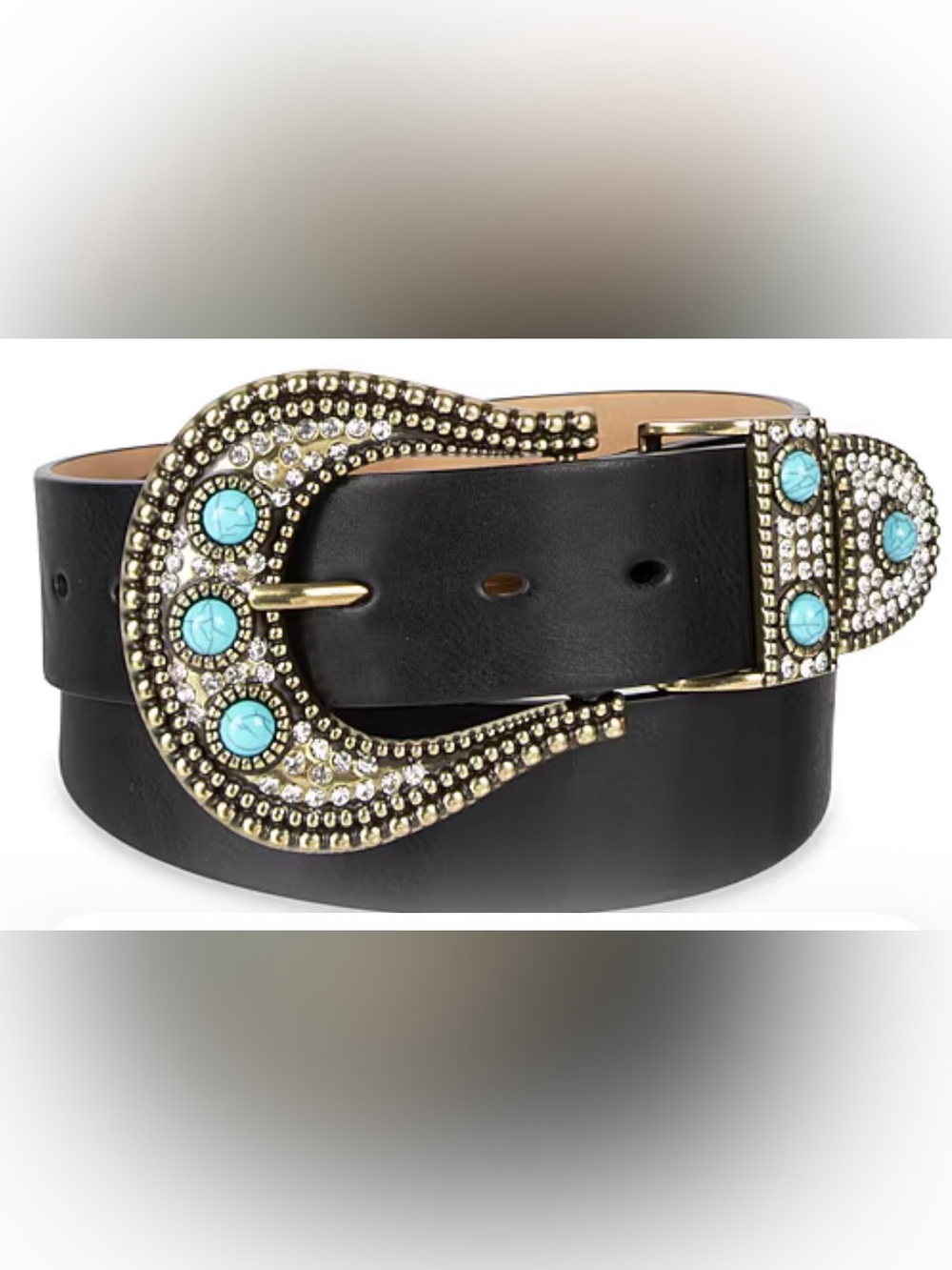 Jessica Simpson Embellished Black Leather Statement Belt with Turquoise Accents